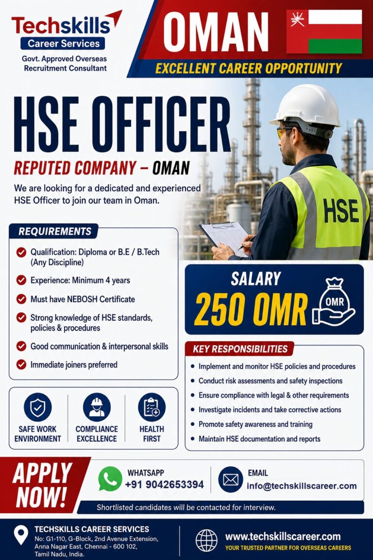 HSE Officer Jobs in Oman 2026 – Apply for Reputed Company | Salary 250 OMR