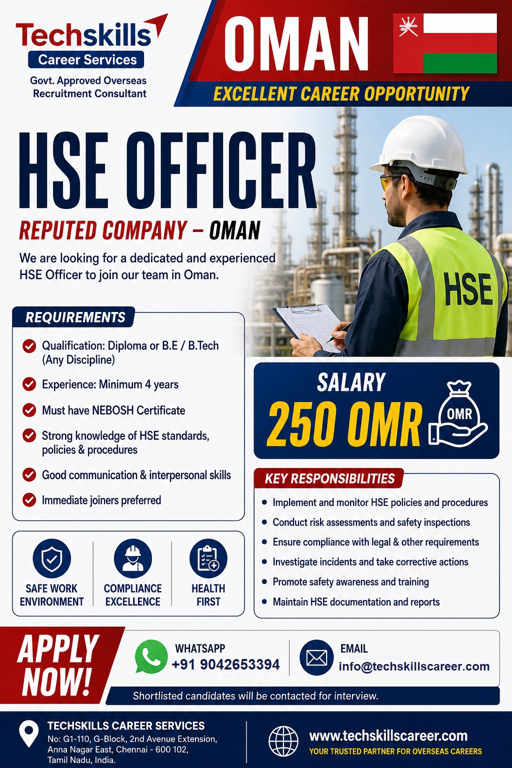 HSE Officer Jobs in Oman 2026 – Apply for Reputed Company | Salary 250 OMR
