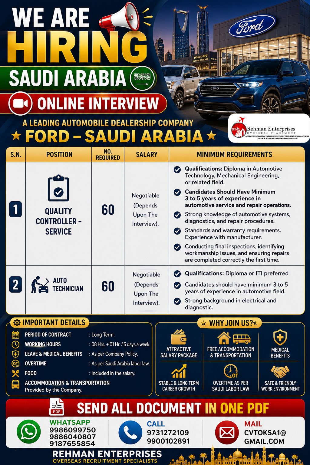 Ford Saudi Arabia Jobs 2026 – Online Interview | Quality Controller & Auto Technician Vacancies