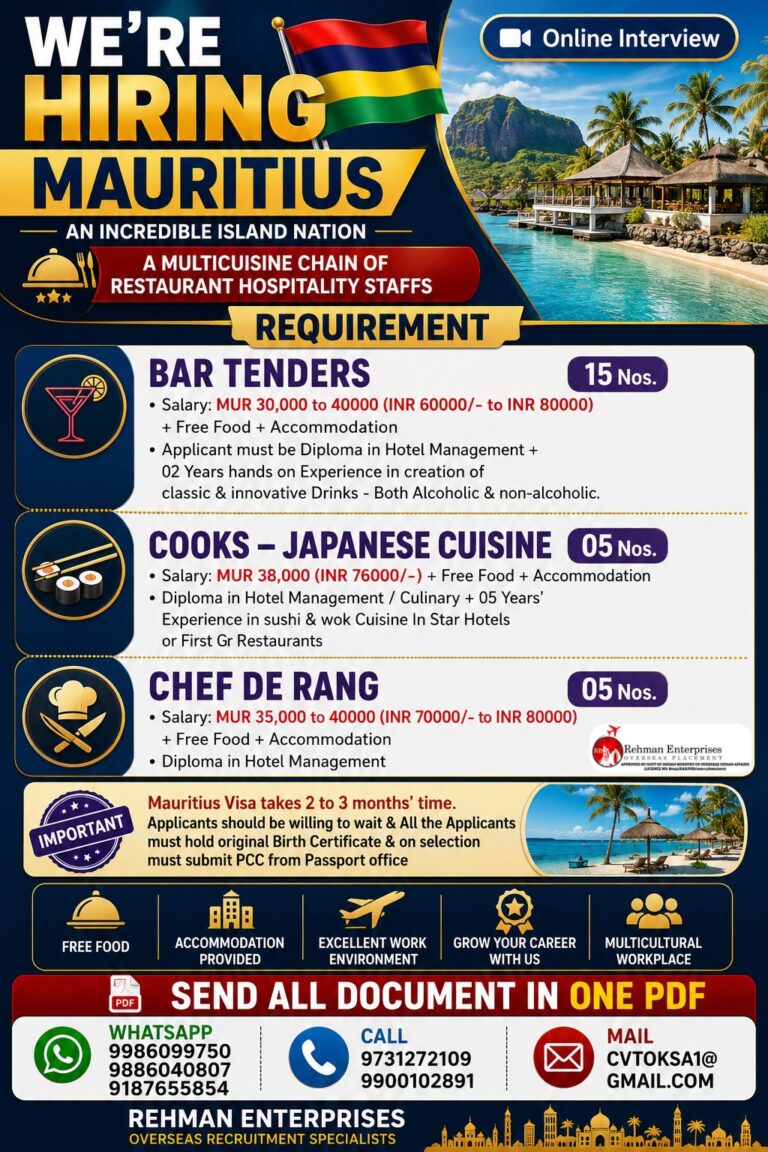 Mauritius Restaurant Hospitality Jobs 2026 | Free Food & Accommodation | Apply Now