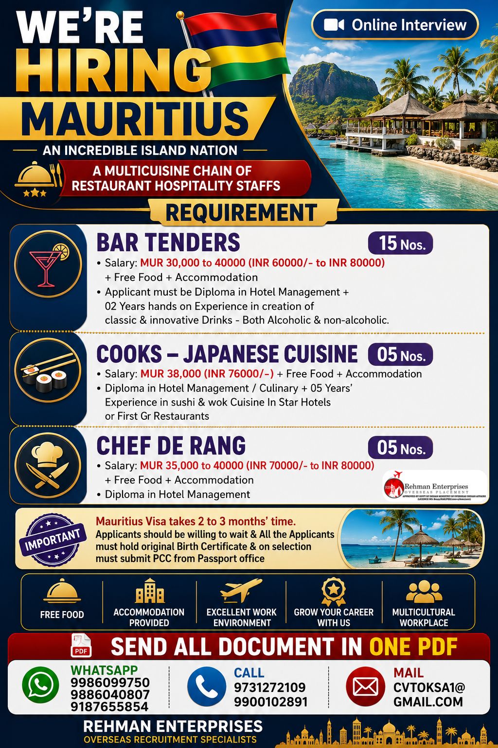 Mauritius Restaurant Hospitality Jobs 2026 | Free Food & Accommodation | Apply Now