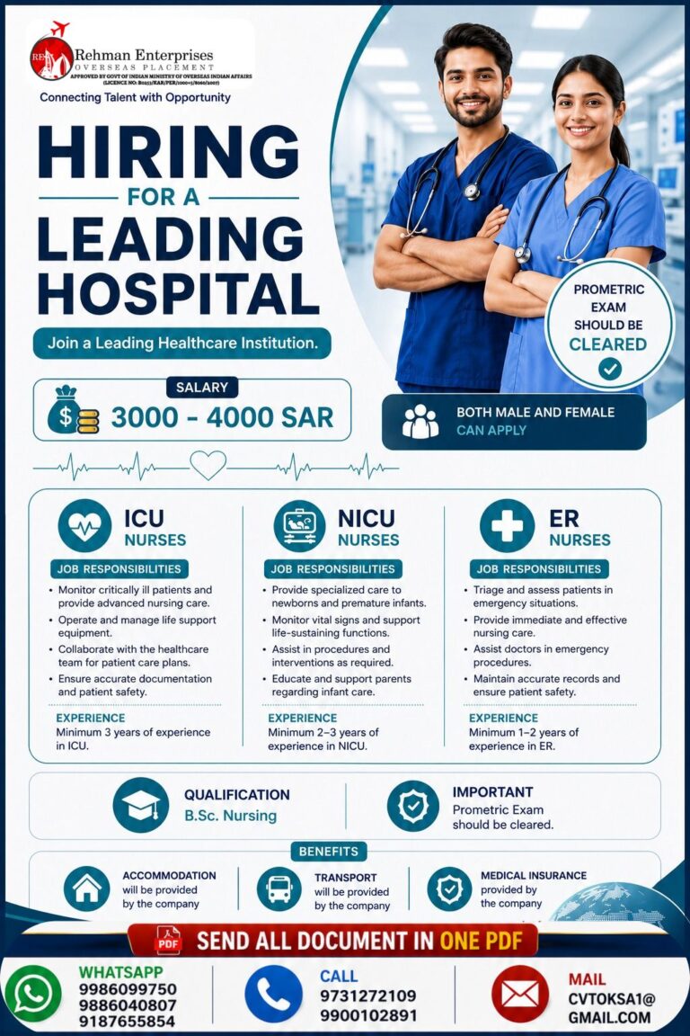 Staff Nurse Jobs in Saudi Arabia 2026 – ICU, NICU & ER Nurses | Salary Up to 4,000 SAR
