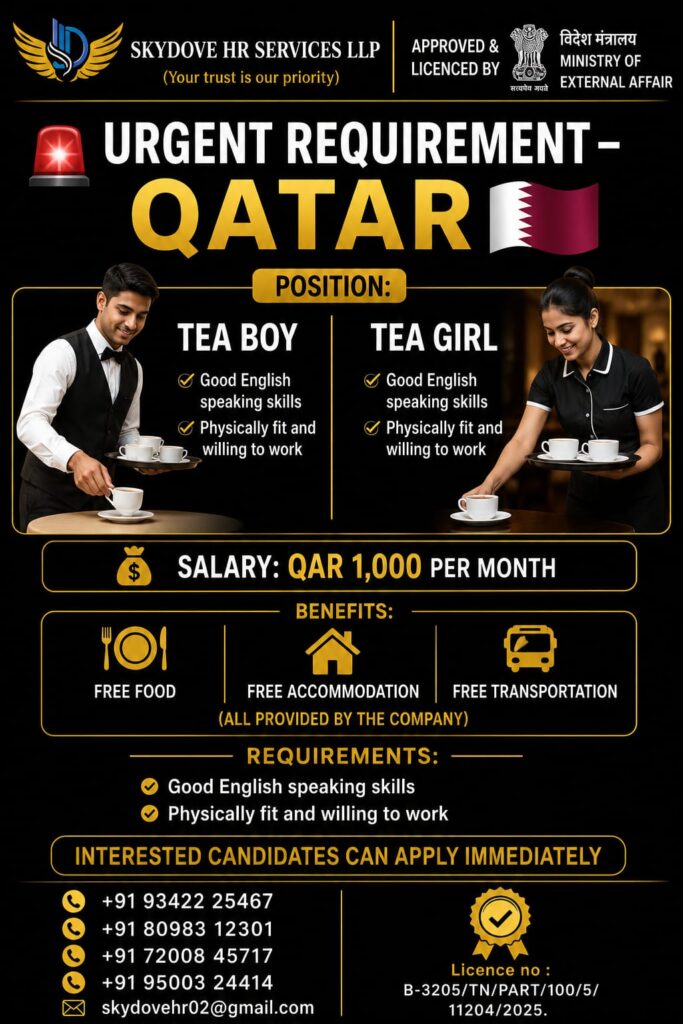 Tea Boy & Tea Girl Jobs in Qatar – Apply Now | Free Food, Accommodation & Transportation