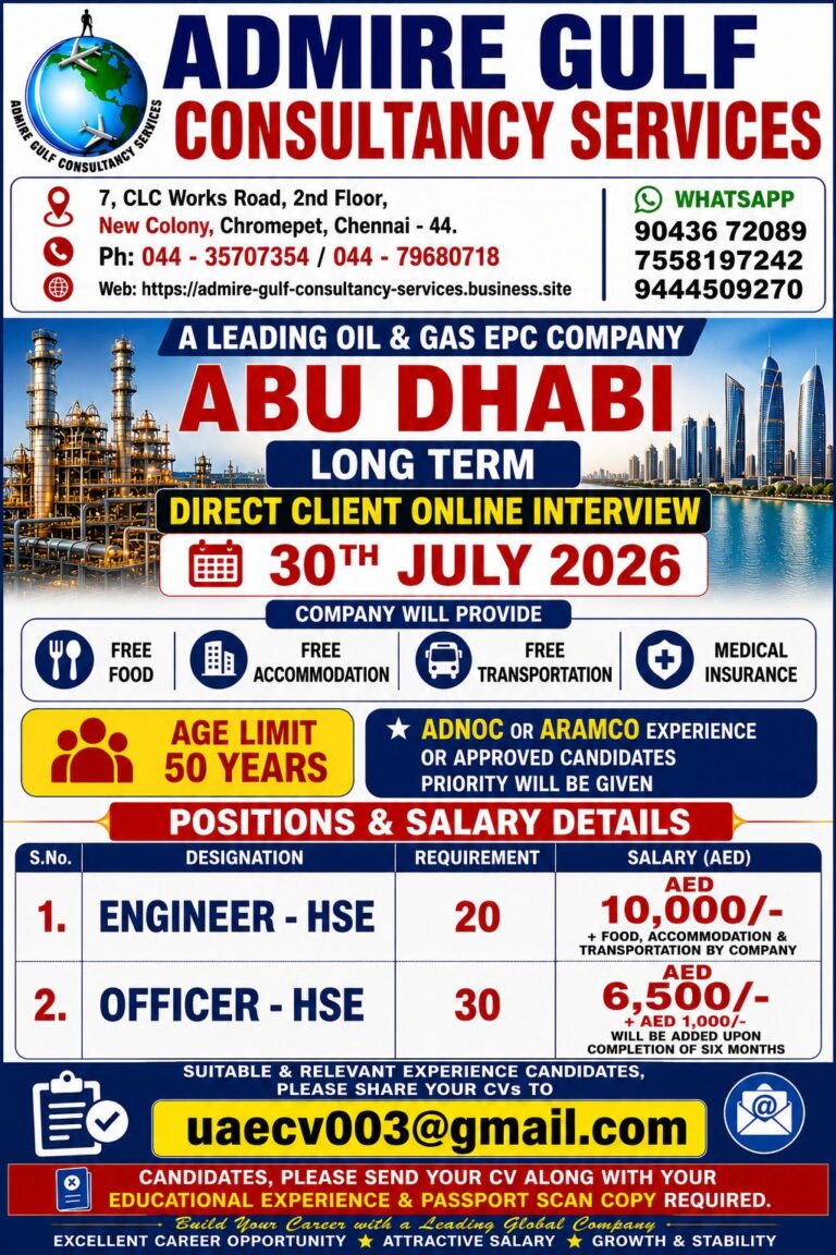 Engineer HSE & HSE Officer Jobs in Abu Dhabi 2026 – Direct Client Online Interview