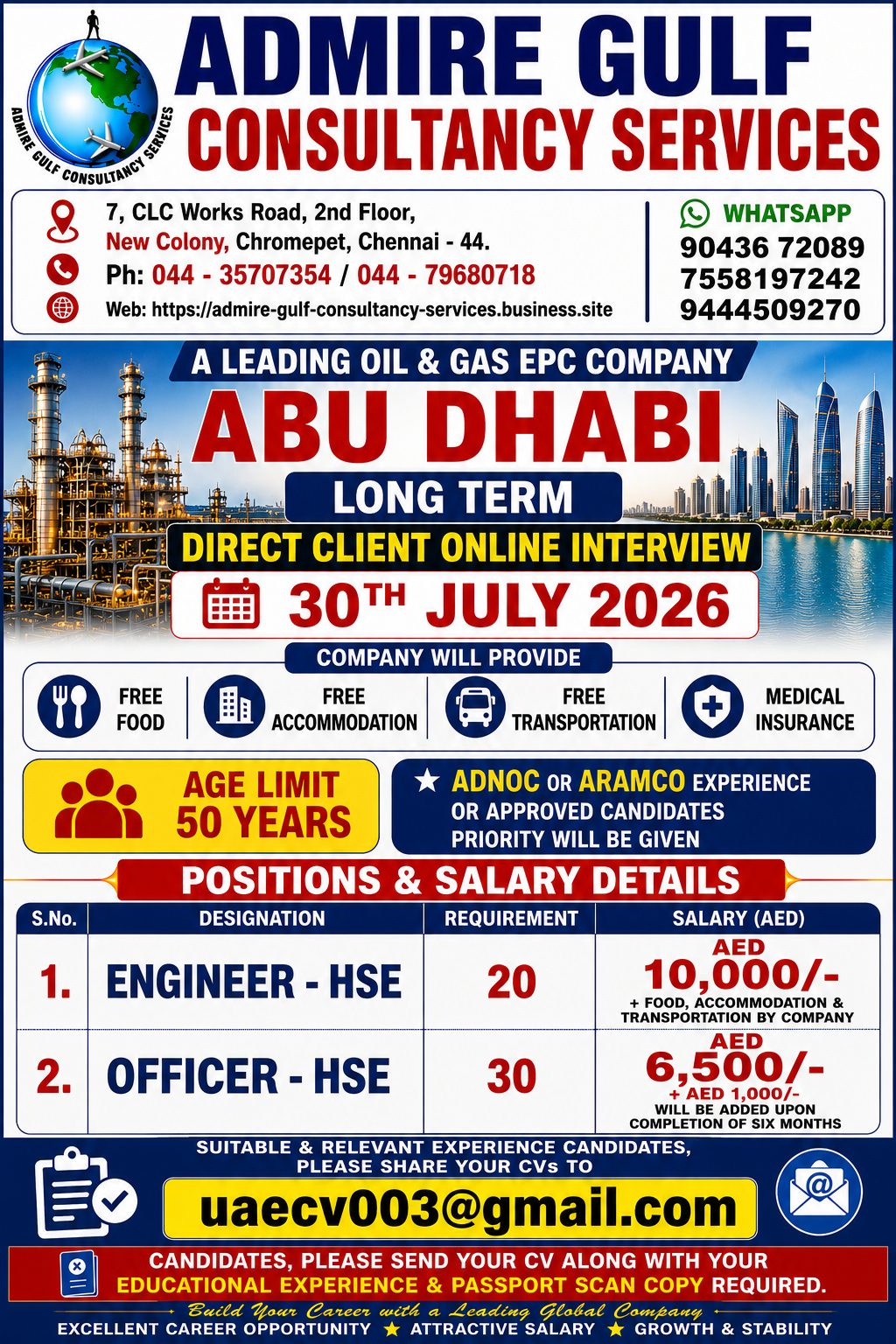 Engineer HSE & HSE Officer Jobs in Abu Dhabi 2026 – Direct Client Online Interview