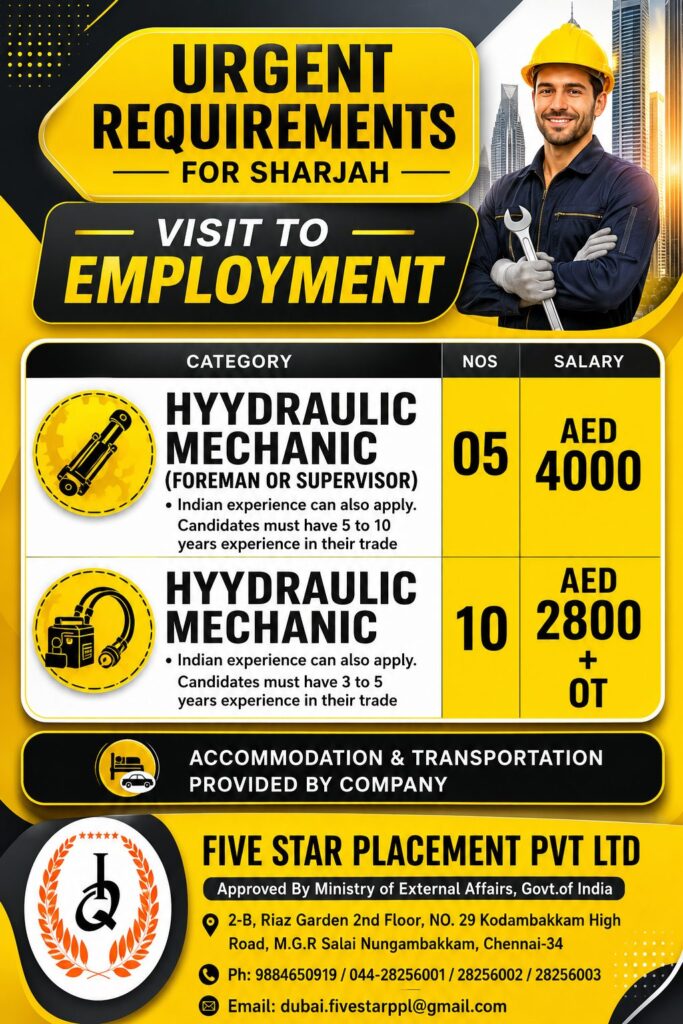 Hydraulic Mechanic Jobs in Sharjah 2026 – Visit to Employment | Five Star Placement Pvt Ltd 1 Hydraulic Mechanic Jobs in Sharjah 2026 – Visit to Employment | Five Star Placement Pvt Ltd