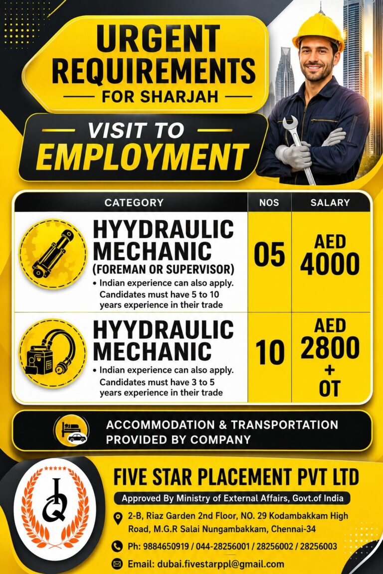 Hydraulic Mechanic Jobs in Sharjah 2026 – Visit to Employment | Five Star Placement Pvt Ltd