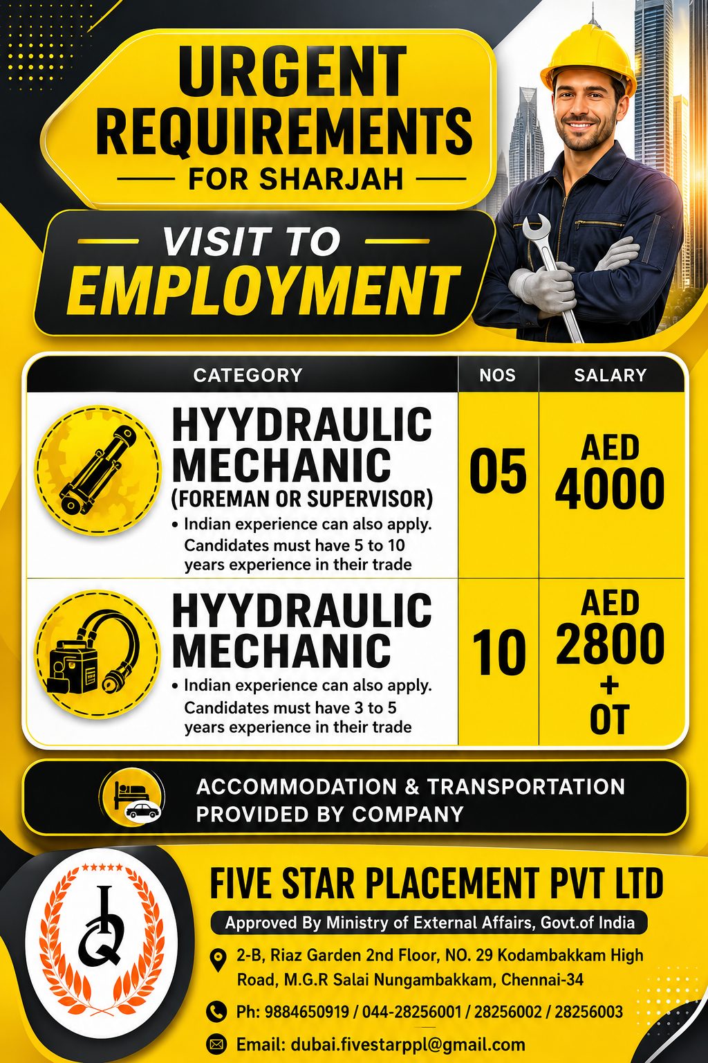 Hydraulic Mechanic Jobs in Sharjah 2026 – Visit to Employment | Five Star Placement Pvt Ltd
