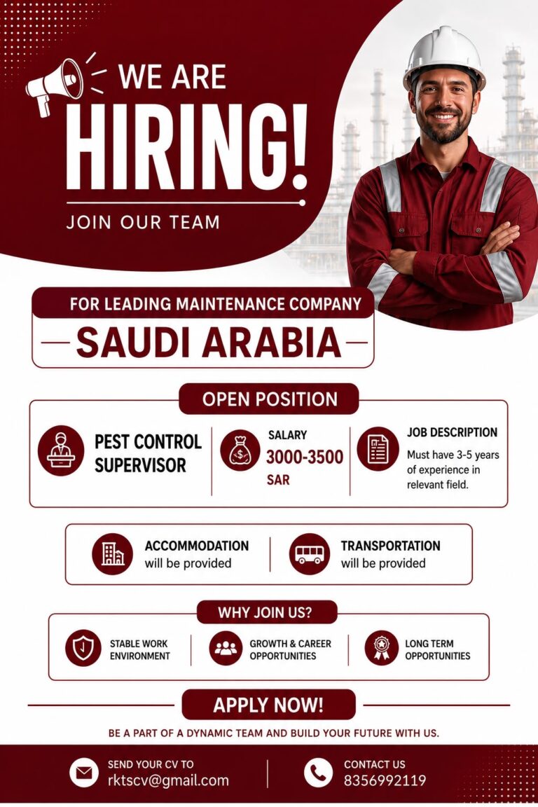 Pest Control Supervisor Jobs in Saudi Arabia 2026 | Salary Up to 3,500 SAR | Apply Now