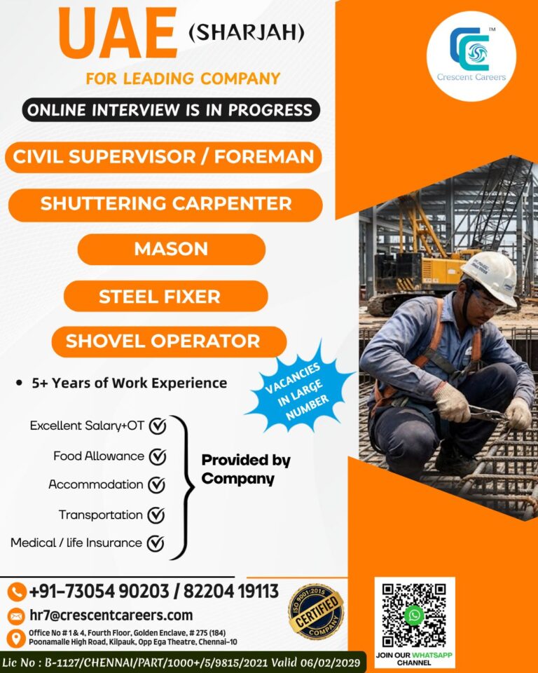 UAE (Sharjah) Construction Jobs 2026 – Online Interview | Civil Supervisor, Mason, Steel Fixer & More