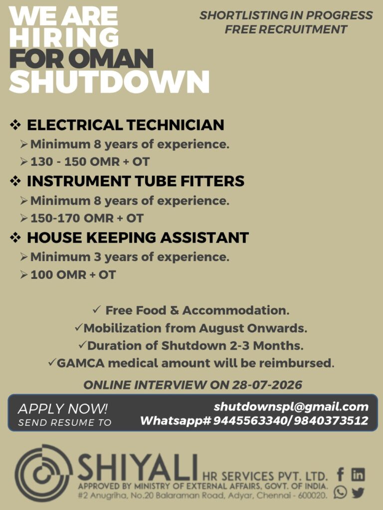 Oman Shutdown Jobs 2026 – Free Recruitment | Electrical Technician, Instrument Tube Fitters & Housekeeping Assistant
