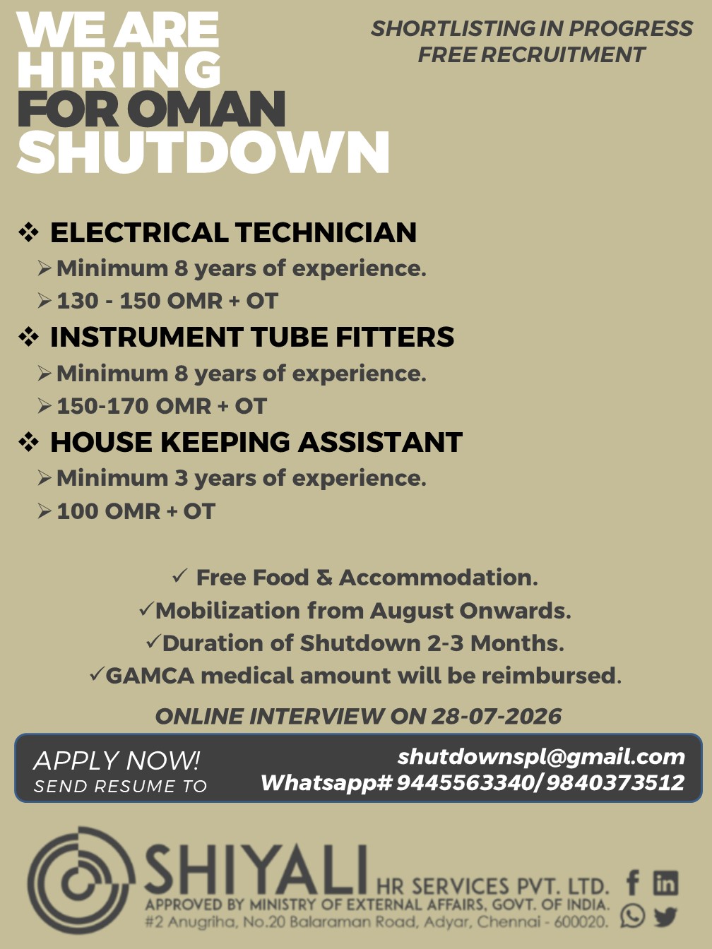 Oman Shutdown Jobs 2026 – Free Recruitment | Electrical Technician, Instrument Tube Fitters & Housekeeping Assistant