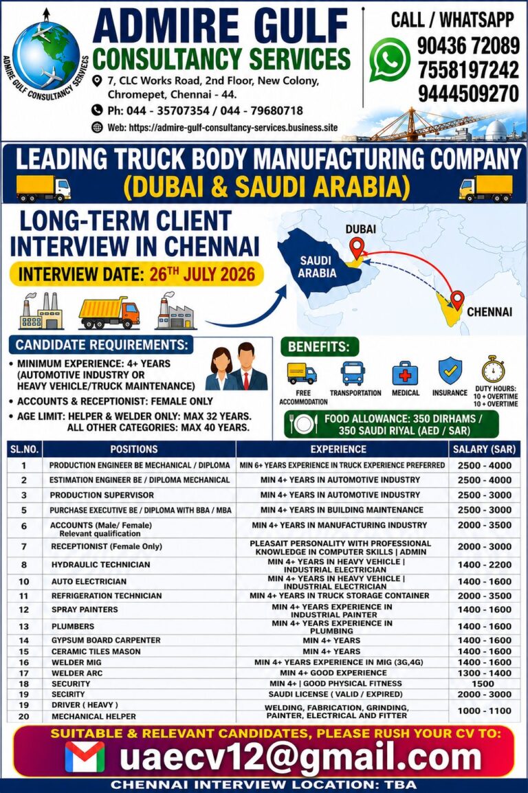Leading Truck Body Manufacturing Company Jobs in Dubai & Saudi Arabia | Chennai Interview on 26 July 2026