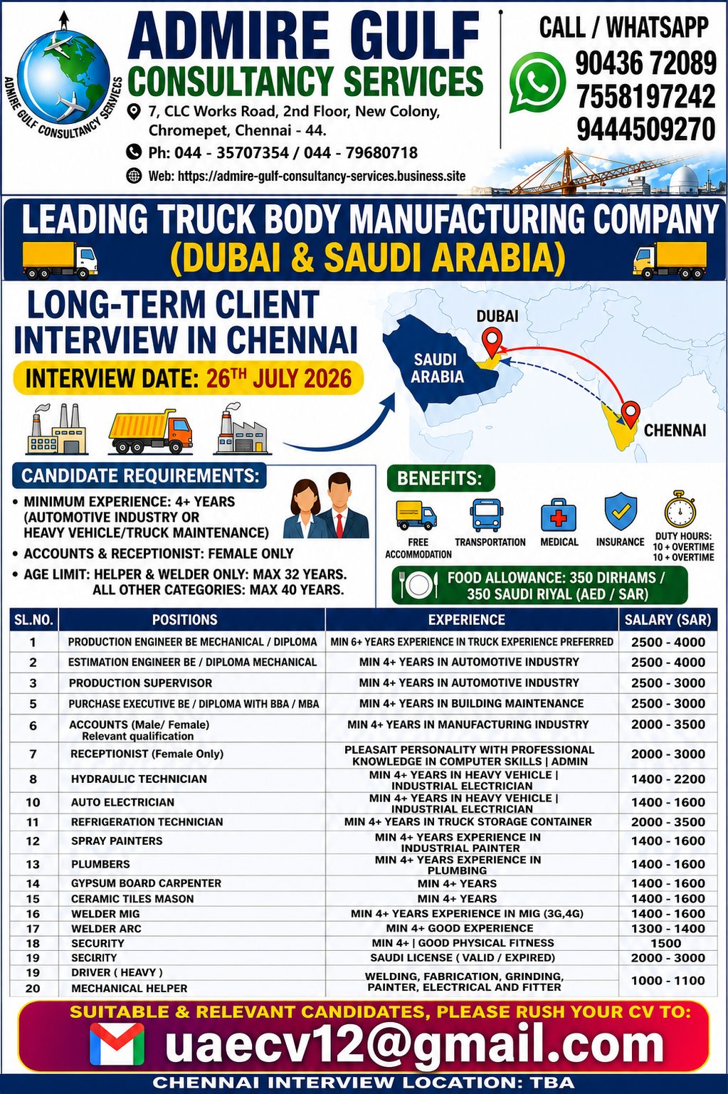 Leading Truck Body Manufacturing Company Jobs in Dubai & Saudi Arabia | Chennai Interview on 26 July 2026