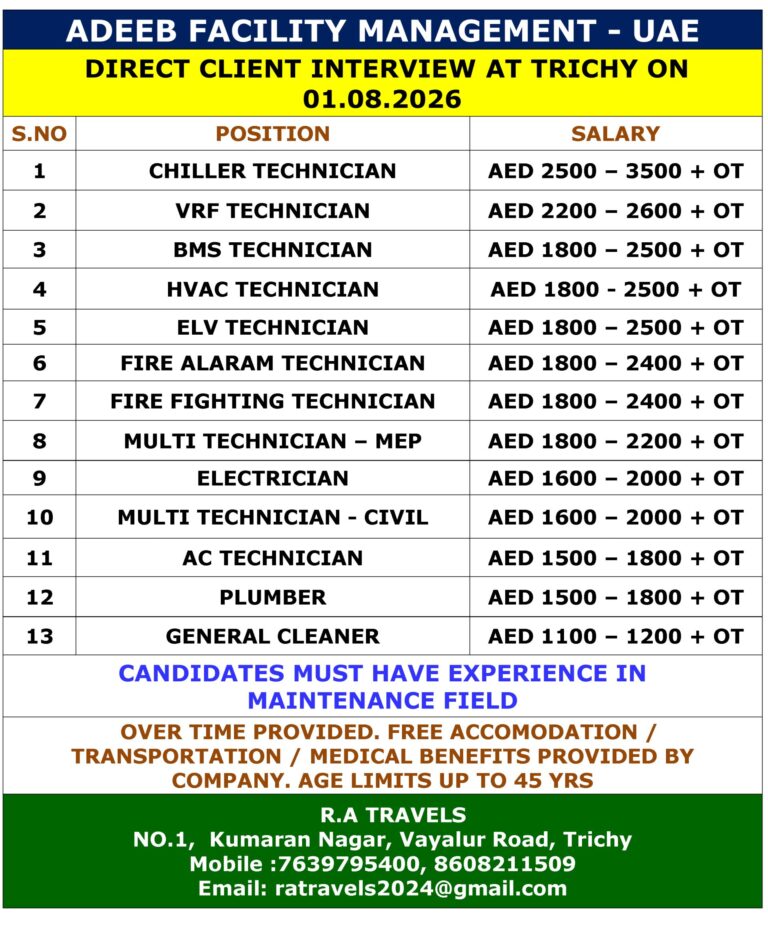 ADEEB Facility Management UAE Jobs 2026 | Direct Client Interview at Trichy | Apply Now