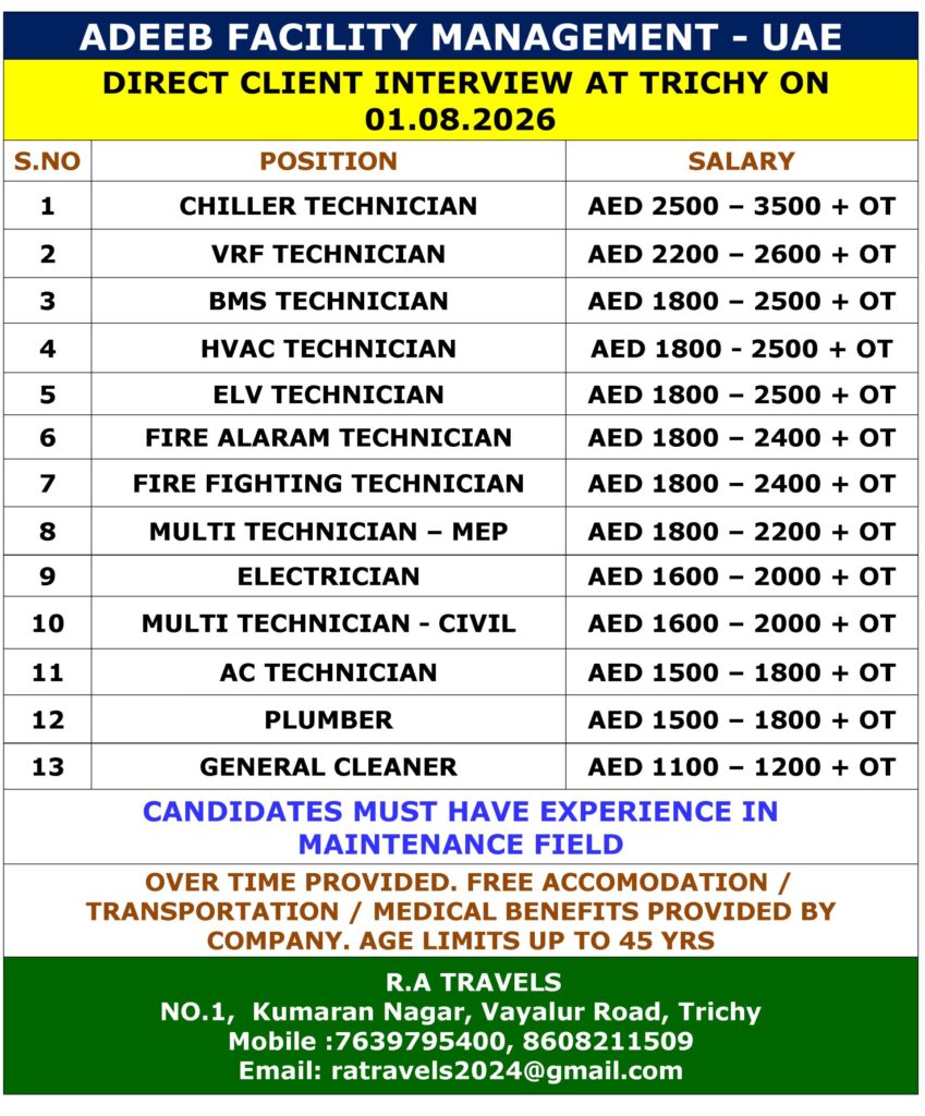 ADEEB Facility Management UAE Jobs 2026 | Direct Client Interview at Trichy | Apply Now
