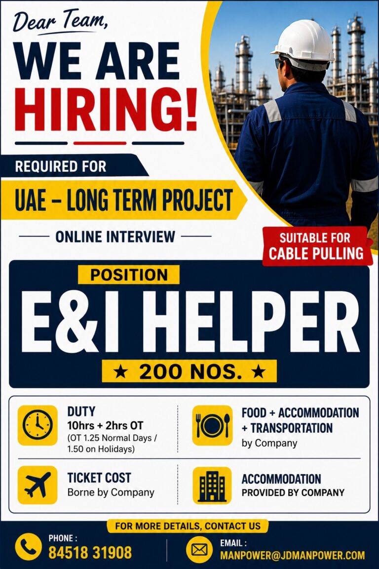 E&I Helper Jobs in UAE 2026 | 200 Vacancies | Online Interview | Free Food & Accommodation