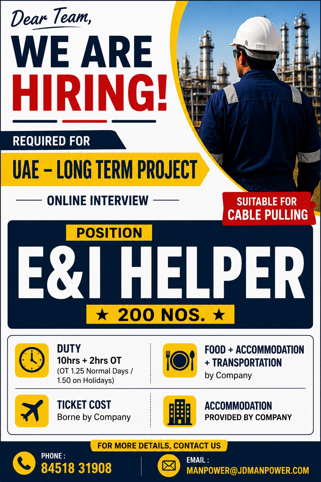 E&I Helper Jobs in UAE 2026 | 200 Vacancies | Online Interview | Free Food & Accommodation