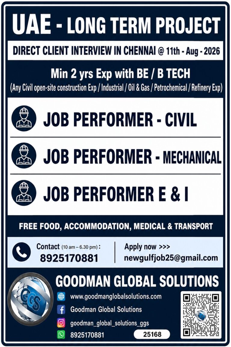 UAE Long-Term Project Jobs 2026 – Direct Client Interview in Chennai | Civil, Mechanical & E&I Job Performer Vacancies