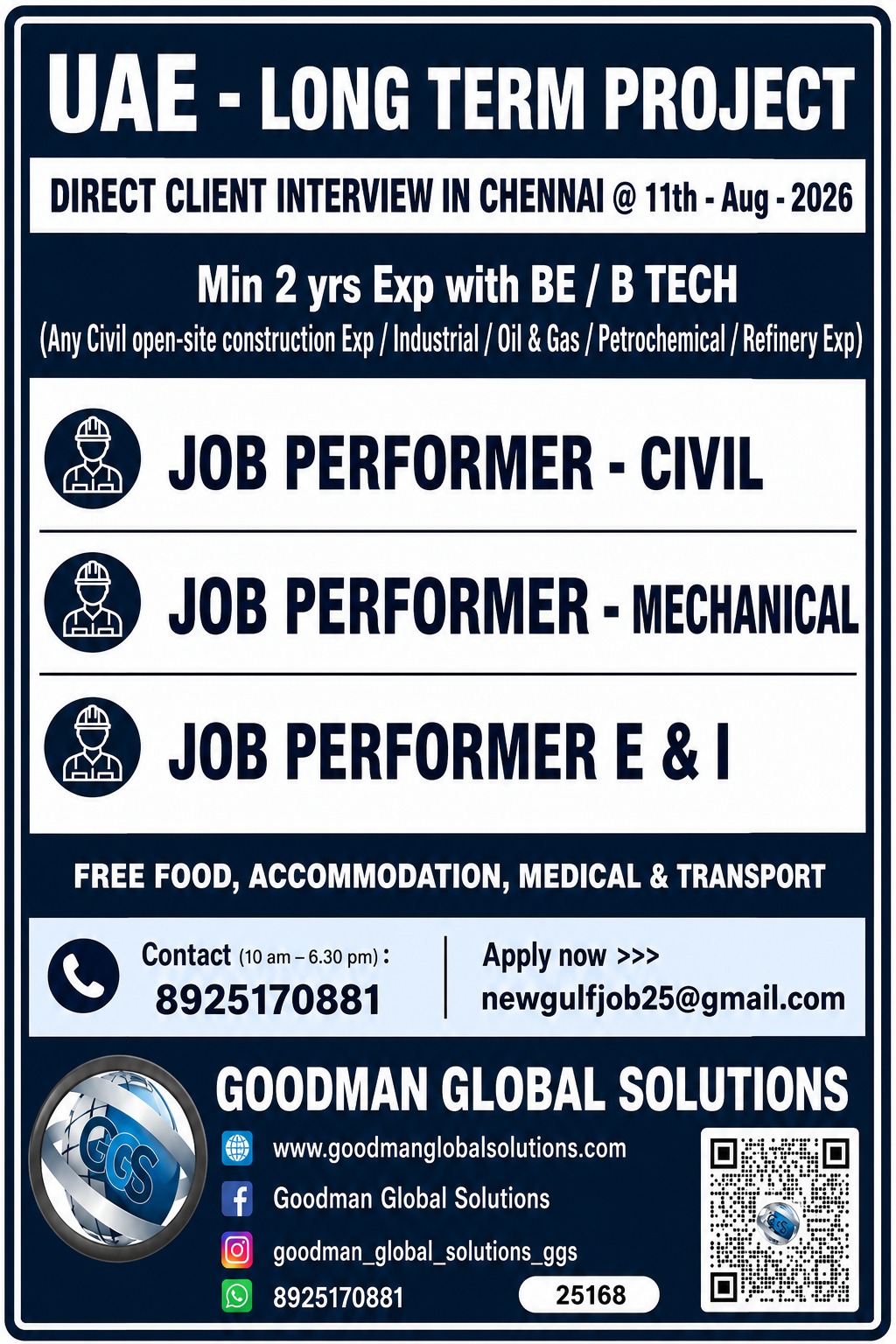 UAE Long-Term Project Jobs 2026 – Direct Client Interview in Chennai | Civil, Mechanical & E&I Job Performer Vacancies