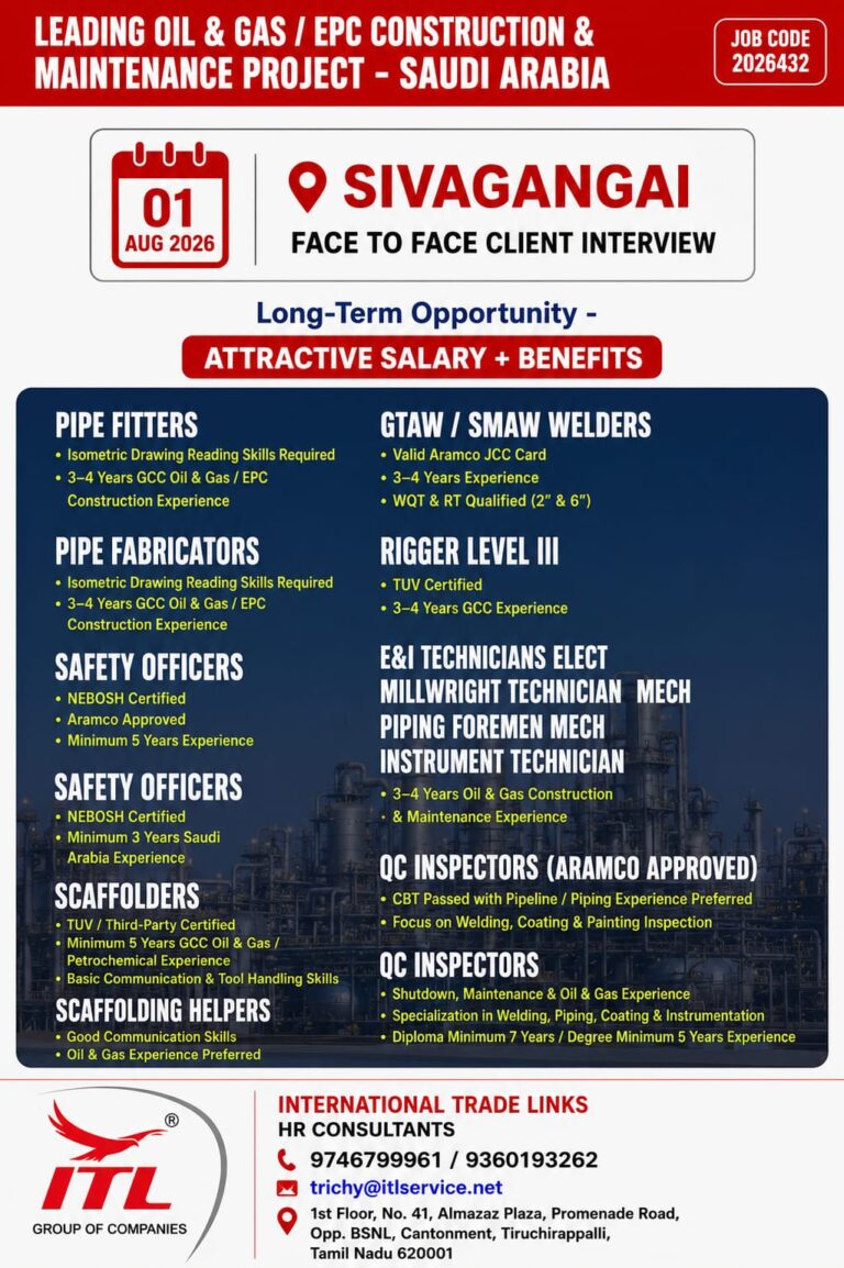 Saudi Arabia Oil & Gas / EPC Construction Jobs 2026 – Client Interview at Sivagangai