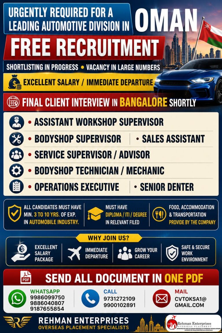 Oman Automotive Jobs 2026 | Free Recruitment | Final Client Interview in Bangalore