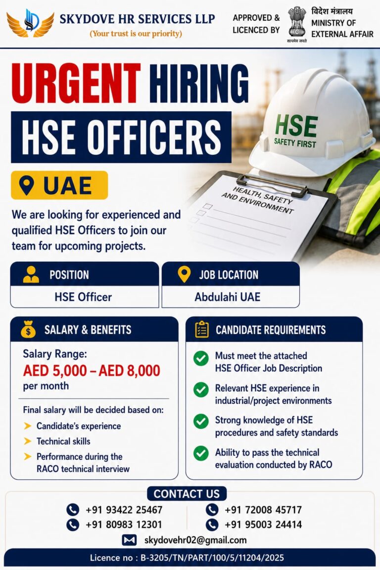 HSE Officer Jobs in UAE 2026 | Salary Up to AED 8,000 | Apply Through Skydove HR Services