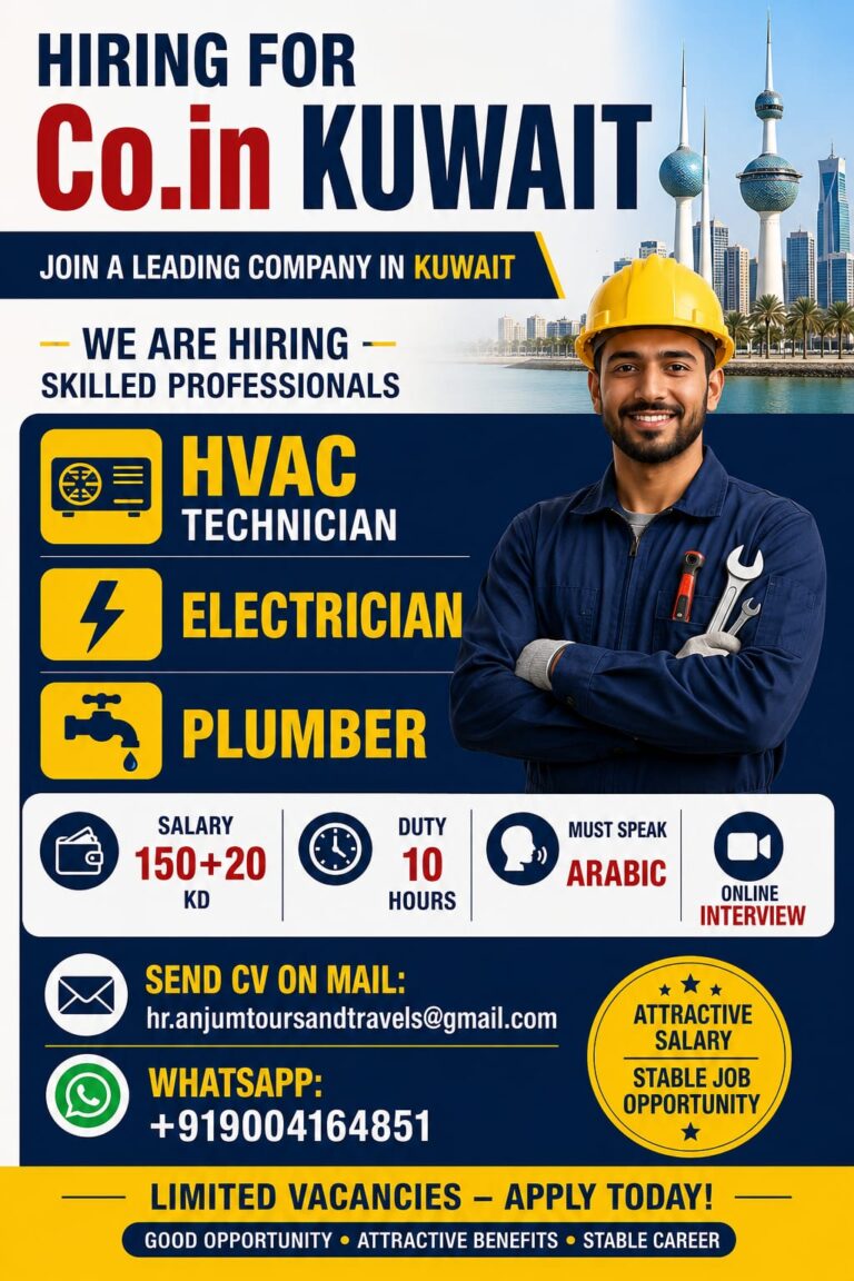 Kuwait Co.in Hiring 2026 – HVAC Technician, Electrician & Plumber Jobs | Online Interview