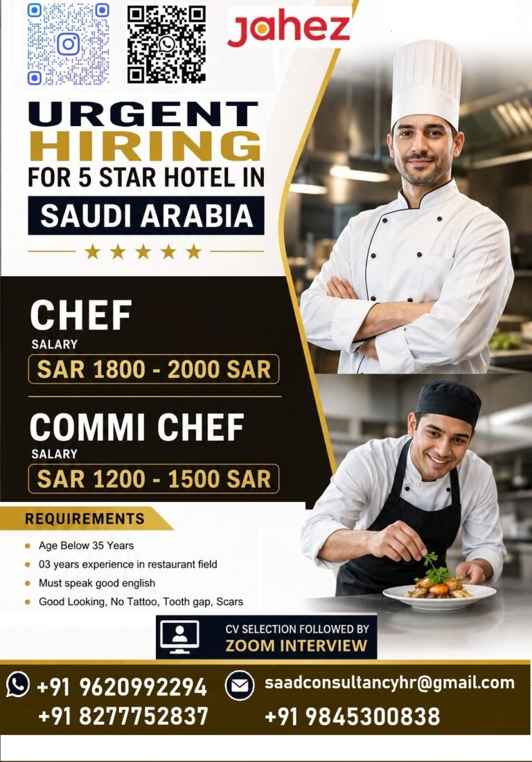 Chef & Commi Chef Jobs in Saudi Arabia 2026 – Urgent Hiring for 5-Star Hotel | Apply Now
