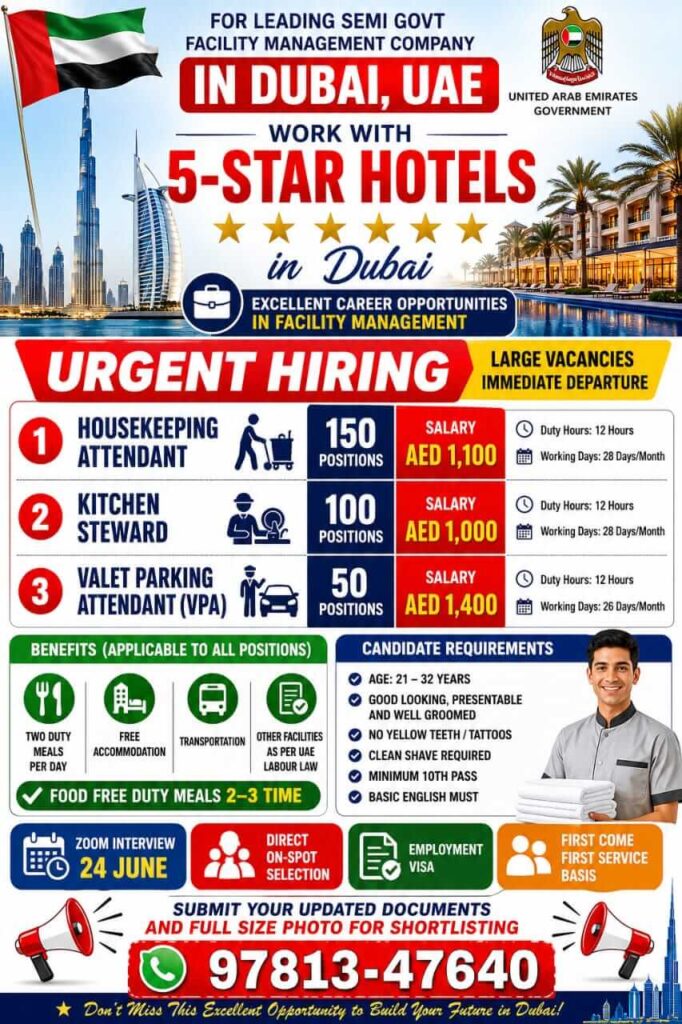 Dubai Semi-Government Facility Management Company Hiring 2026 – Housekeeping, Kitchen Steward & Valet Parking Jobs