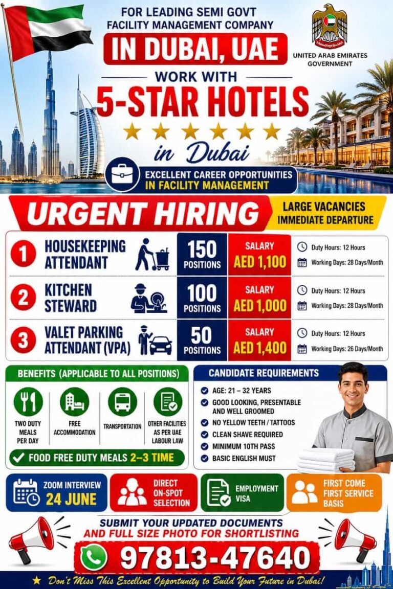 Dubai Semi-Government Facility Management Company Hiring 2026 – Housekeeping, Kitchen Steward & Valet Parking Jobs