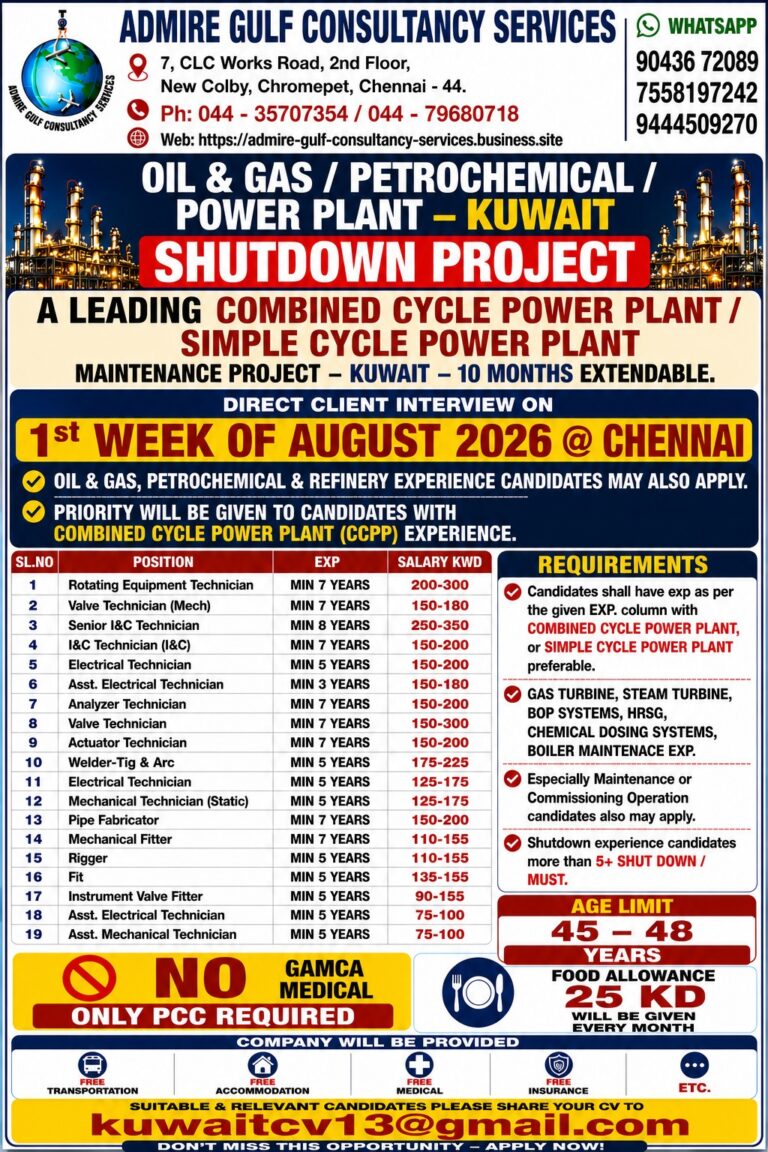 Kuwait Shutdown Project Jobs 2026 – Combined Cycle Power Plant Maintenance | Direct Client Interview in Chennai