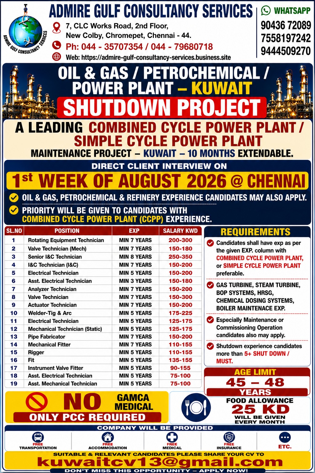Kuwait Shutdown Project Jobs 2026 – Combined Cycle Power Plant Maintenance | Direct Client Interview in Chennai