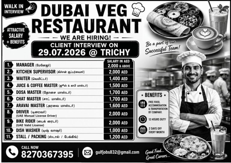 Dubai Veg Restaurant Jobs 2026 – Walk-in Interview at Trichy | Multiple Vacancies