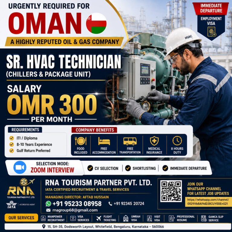 Oman Oil & Gas Company Hiring Sr. HVAC Technicians – Salary OMR 300 | Zoom Interview
