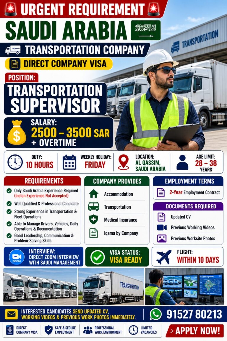 Transportation Supervisor Jobs in Saudi Arabia 2026 – Direct Company Visa | Salary up to 3,500 SAR