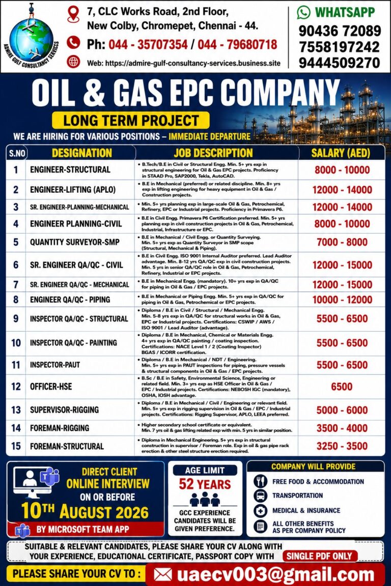 Oil & Gas EPC Company Jobs in UAE 2026 | Long-Term Project | Online Interview | Apply Now
