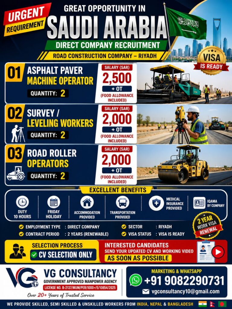 Saudi Arabia Road Construction Company Jobs 2026 – Direct Company Recruitment | Apply Now