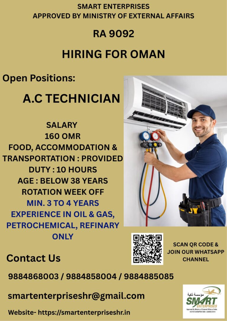 A.C Technician Jobs in Oman 2026 | Free Food, Accommodation & Transportation