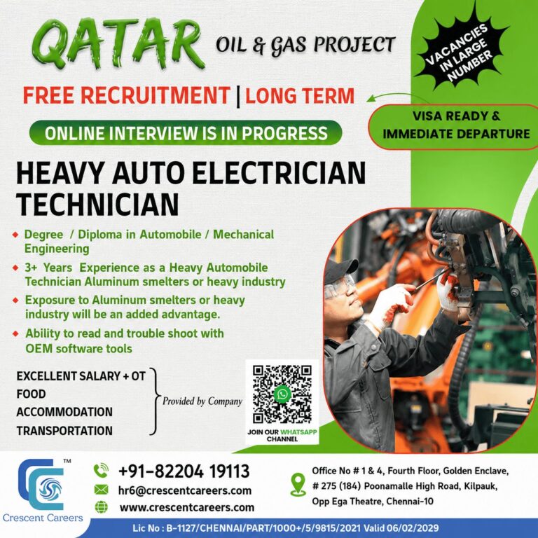 Heavy Auto Electrician Technician Jobs in Qatar 2026 – Free Recruitment | Long-Term Oil & Gas Project