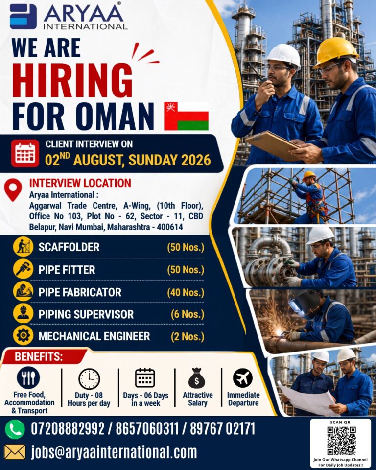 Oman Oil & Gas Jobs 2026 – Client Interview on 02 August | Aryaa International