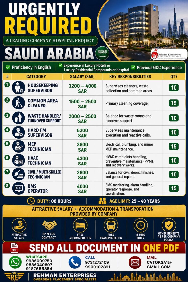 Saudi Arabia Hospital Project Jobs 2026 – Urgent Vacancies | Free Accommodation & Transportation