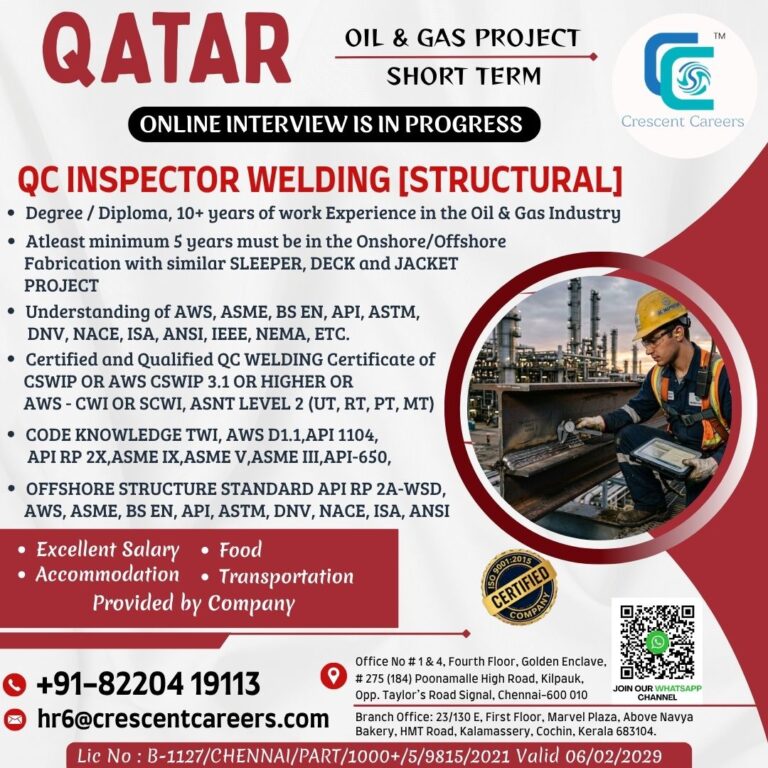 Qatar Oil & Gas Project Jobs 2026 – Hiring QC Inspector Welding (Structural) | Online Interview