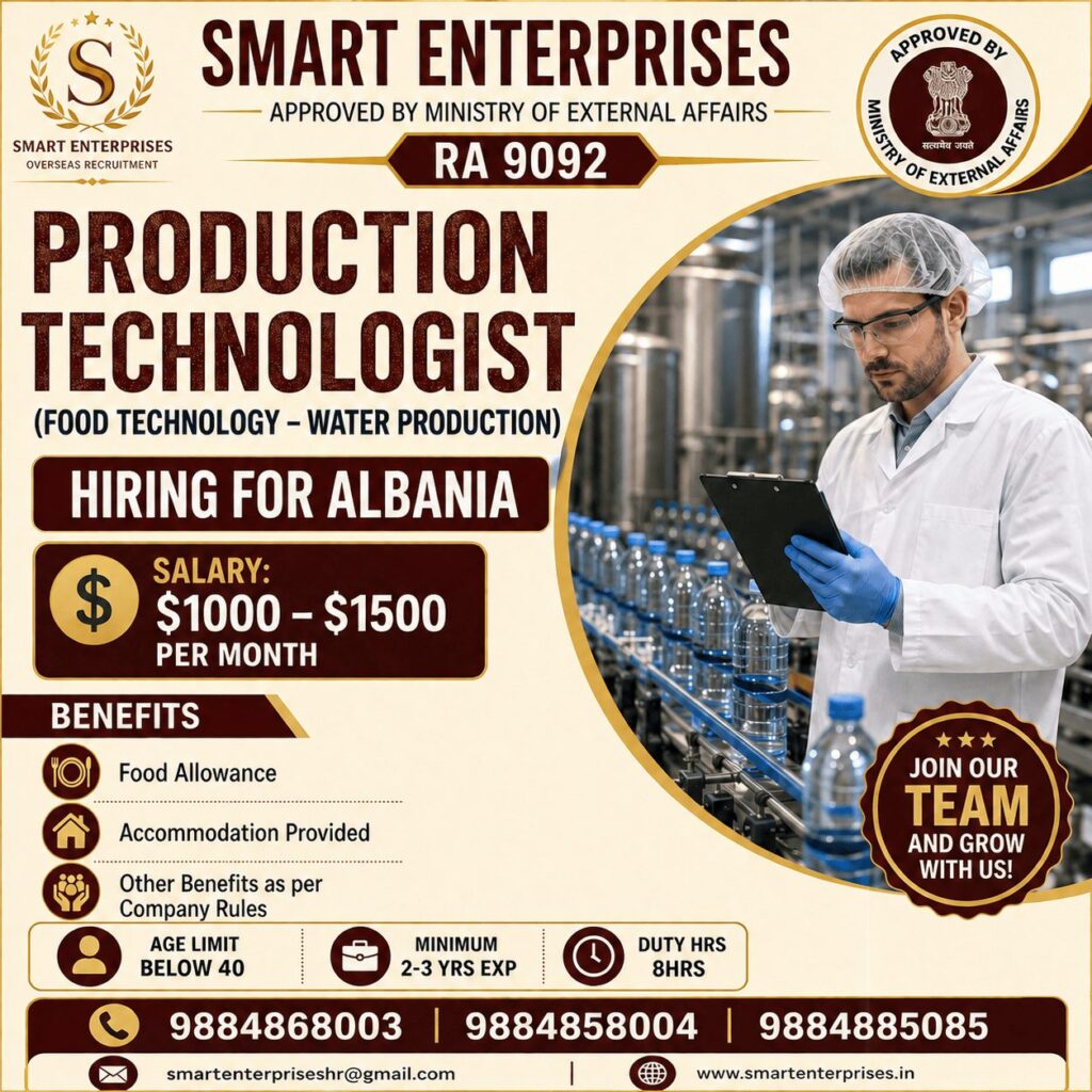 Production Technologist (Food Technology – Water Production) Jobs in Albania 2026 | Salary $1000–$1500