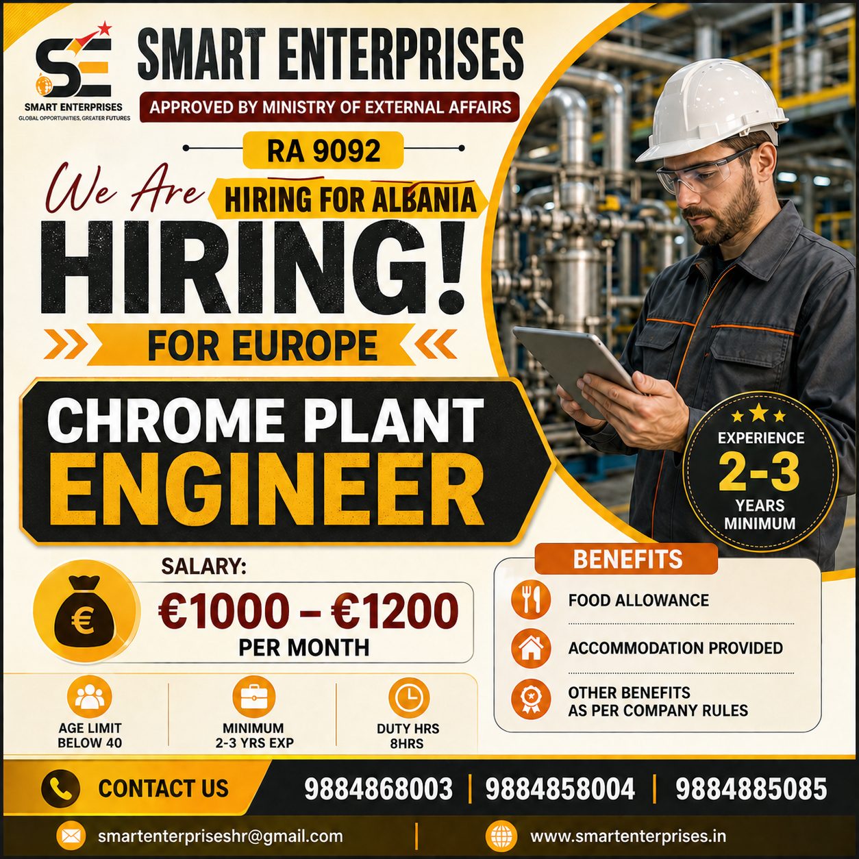 Chrome Plant Engineer Jobs in Albania 2026 | Europe Hiring | Salary €1000–€1200
