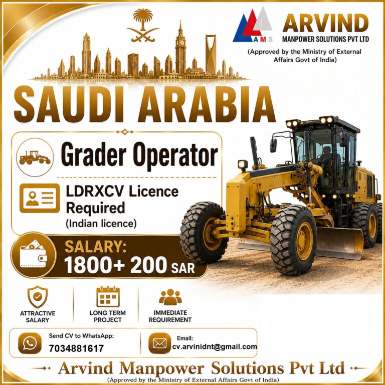 Grader Operator Jobs in Saudi Arabia – Immediate Hiring | Salary 1800 + 200 SAR