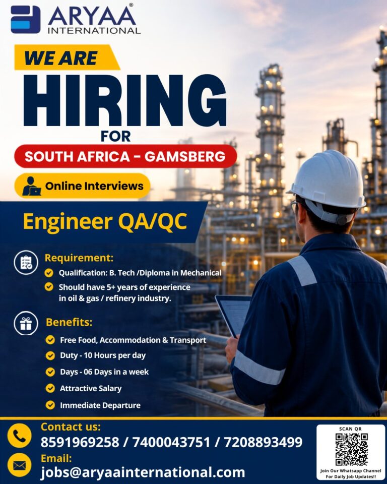 Engineer QA/QC Jobs in South Africa – Gamsberg | Online Interview | Free Accommodation & Immediate Departure
