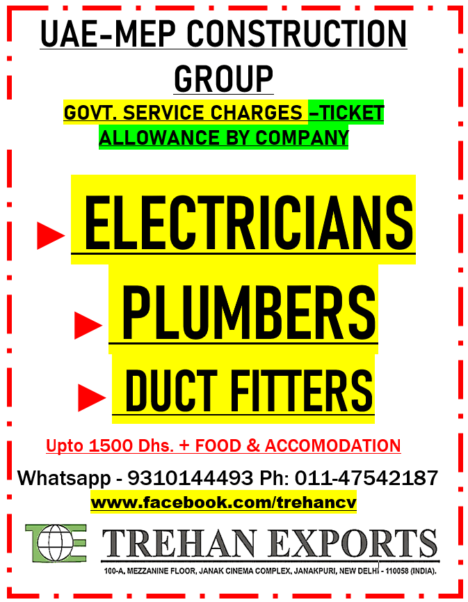 UAE MEP Construction Group Jobs in UAE – Electricians, Plumbers & Duct Fitters | Apply Now