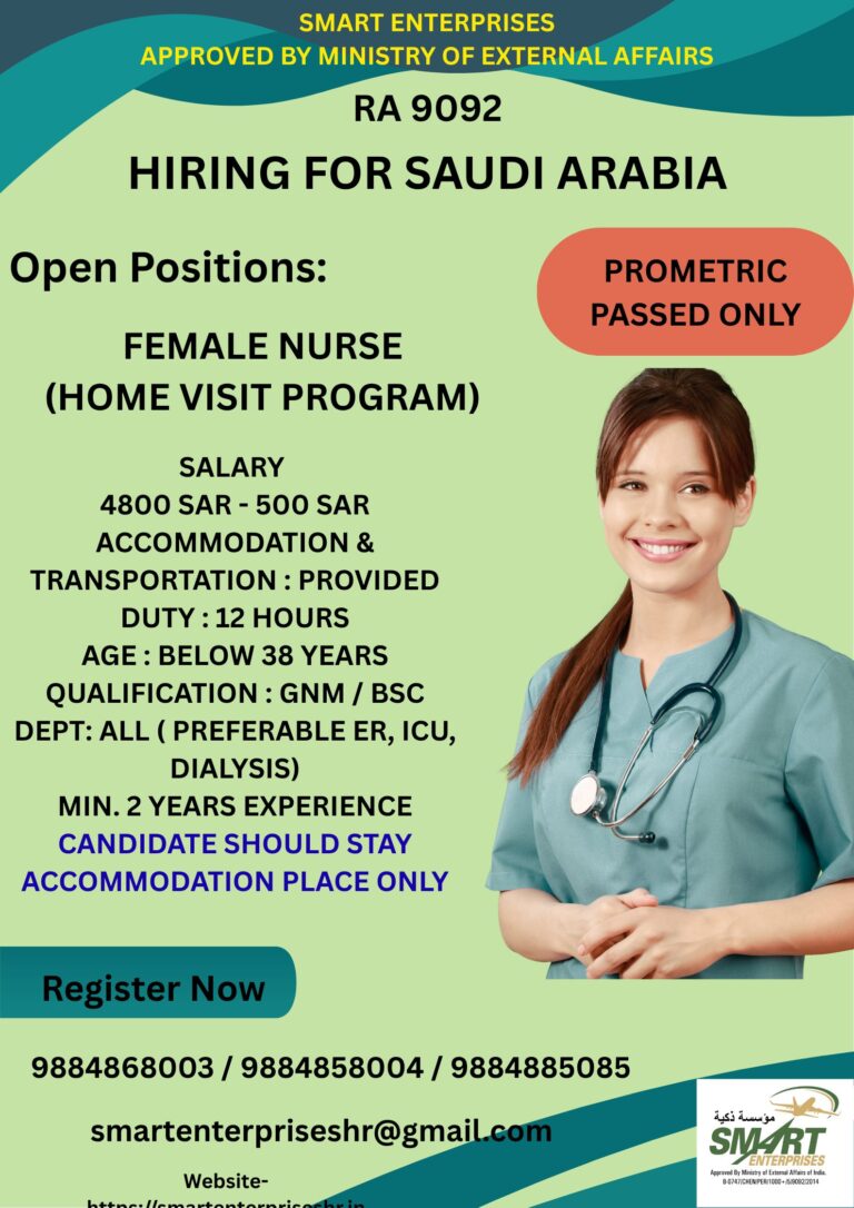 Female Nurse (Home Visit Program) Jobs in Saudi Arabia – Apply Now | Salary Up to 5,300 SAR