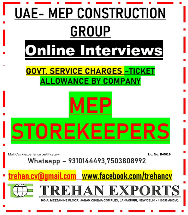 UAE MEP Construction Group Hiring Storekeepers – Online Interview | UAE Jobs 2026